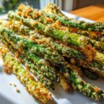 A close-up pile of Air Fryer Crispy Parmesan Asparagus Fries on a white plate, showing the golden breading.