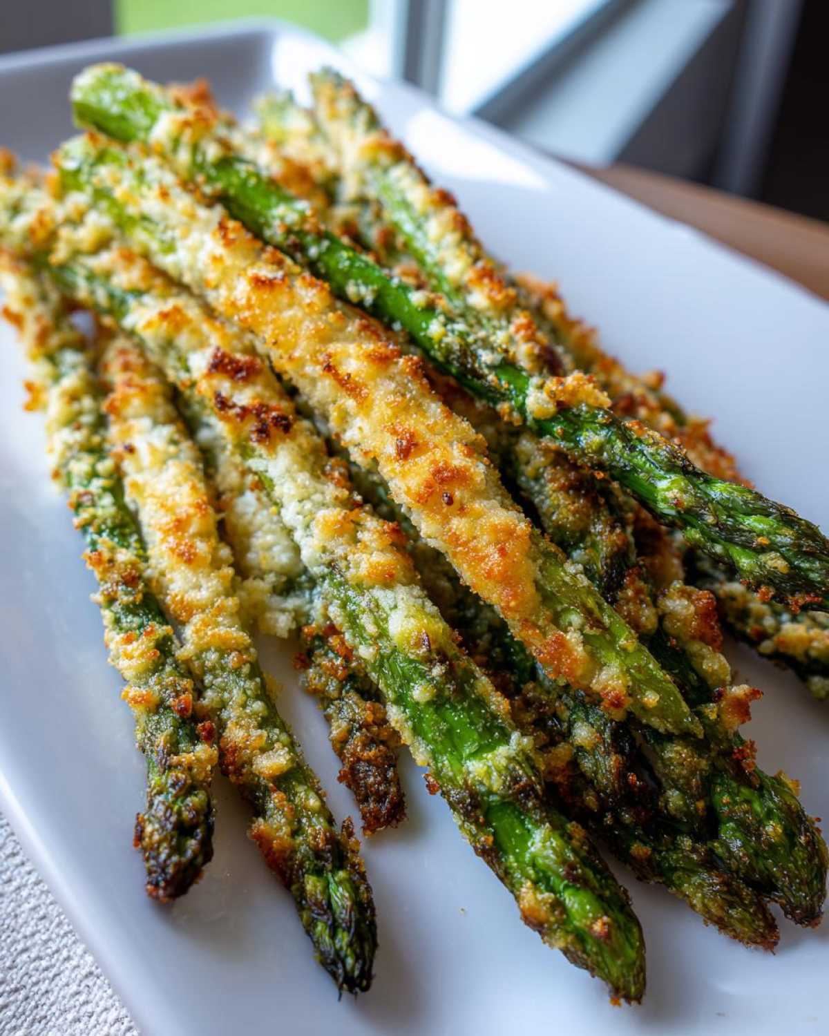 Close-up of perfectly cooked Air Fryer Crispy Parmesan Asparagus Fries piled on a white platter.