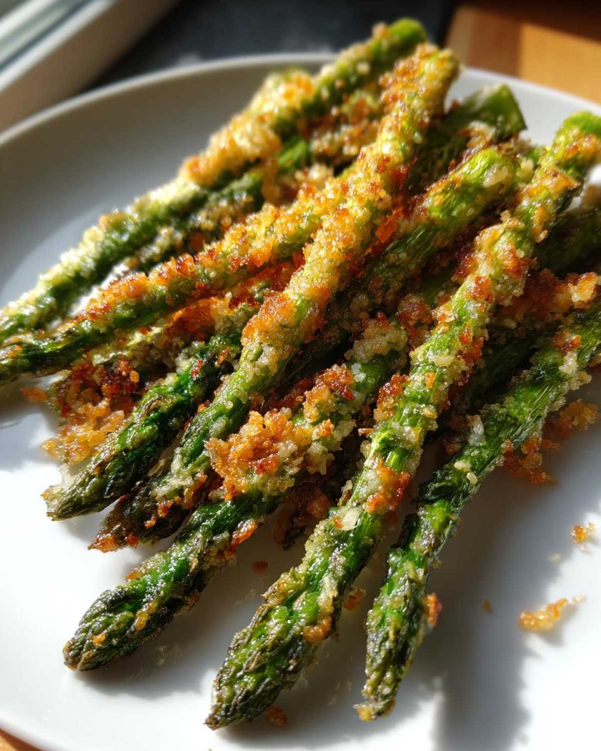 Close-up of perfectly cooked Air Fryer Crispy Parmesan Asparagus Fries on a white plate.
