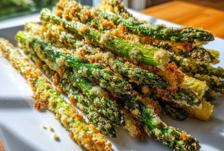 A close-up pile of Air Fryer Crispy Parmesan Asparagus Fries on a white plate, showing the golden breading.