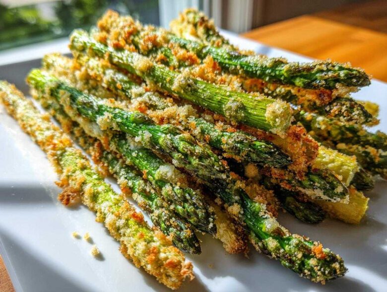 A close-up pile of Air Fryer Crispy Parmesan Asparagus Fries on a white plate, showing the golden breading.