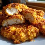 Close-up of golden brown Air Fryer Crispy Parmesan Chicken Tenders, one cut open showing juicy white meat.