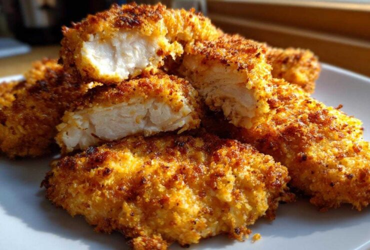 Close-up of golden brown Air Fryer Crispy Parmesan Chicken Tenders, one cut open showing juicy white meat.
