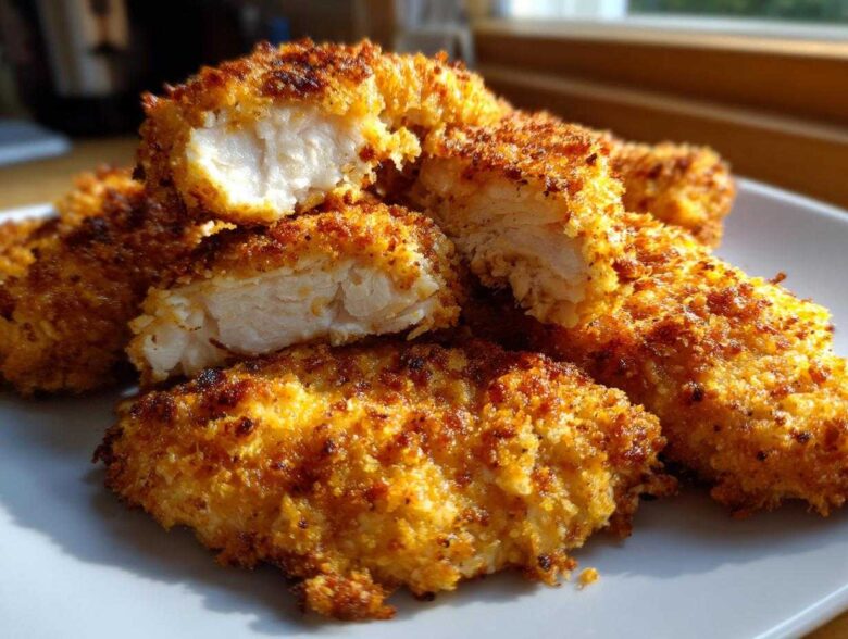 Close-up of golden brown Air Fryer Crispy Parmesan Chicken Tenders, one cut open showing juicy white meat.