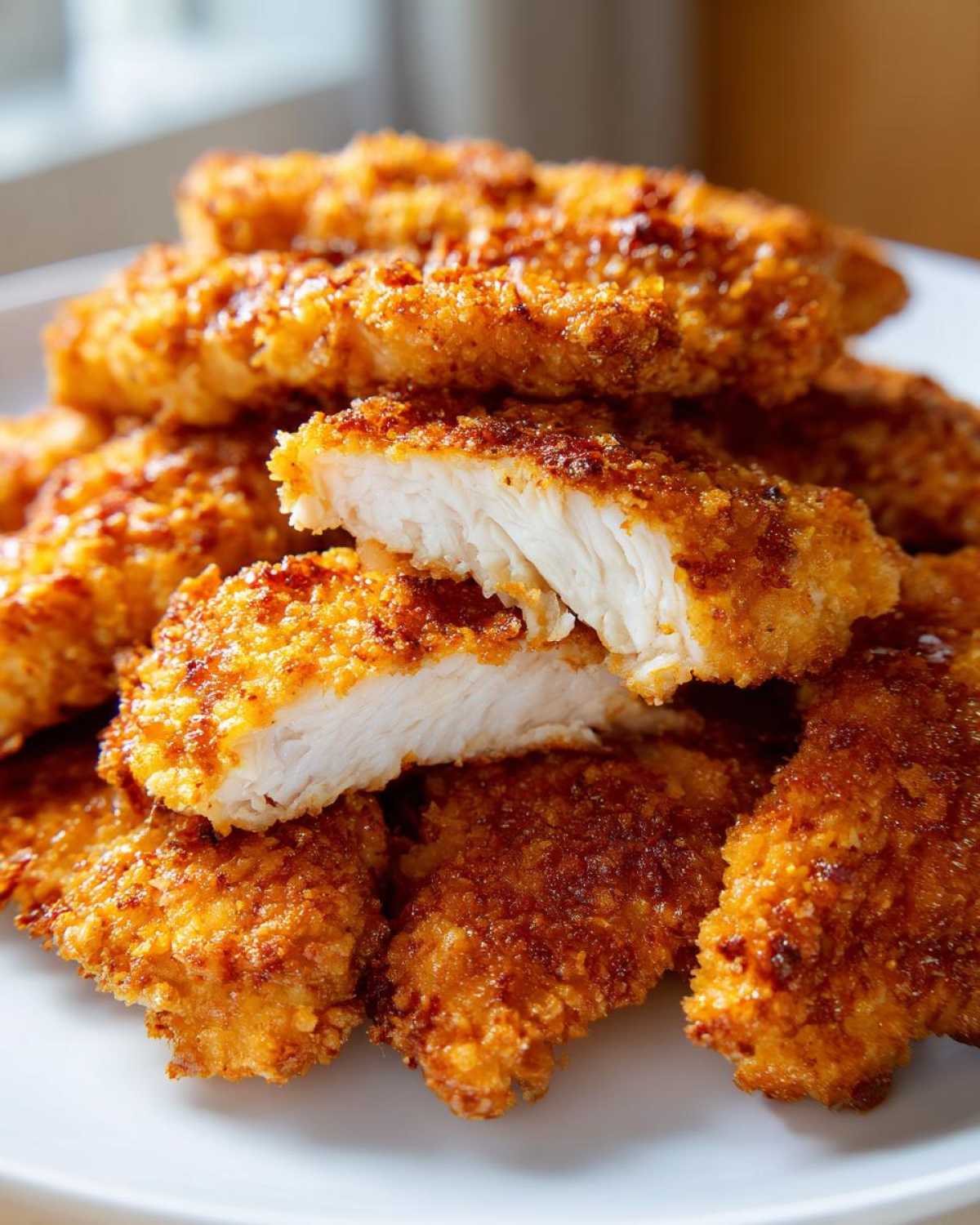 Close-up of Air Fryer Crispy Parmesan Chicken Tenders, showing a golden crust and juicy white interior.