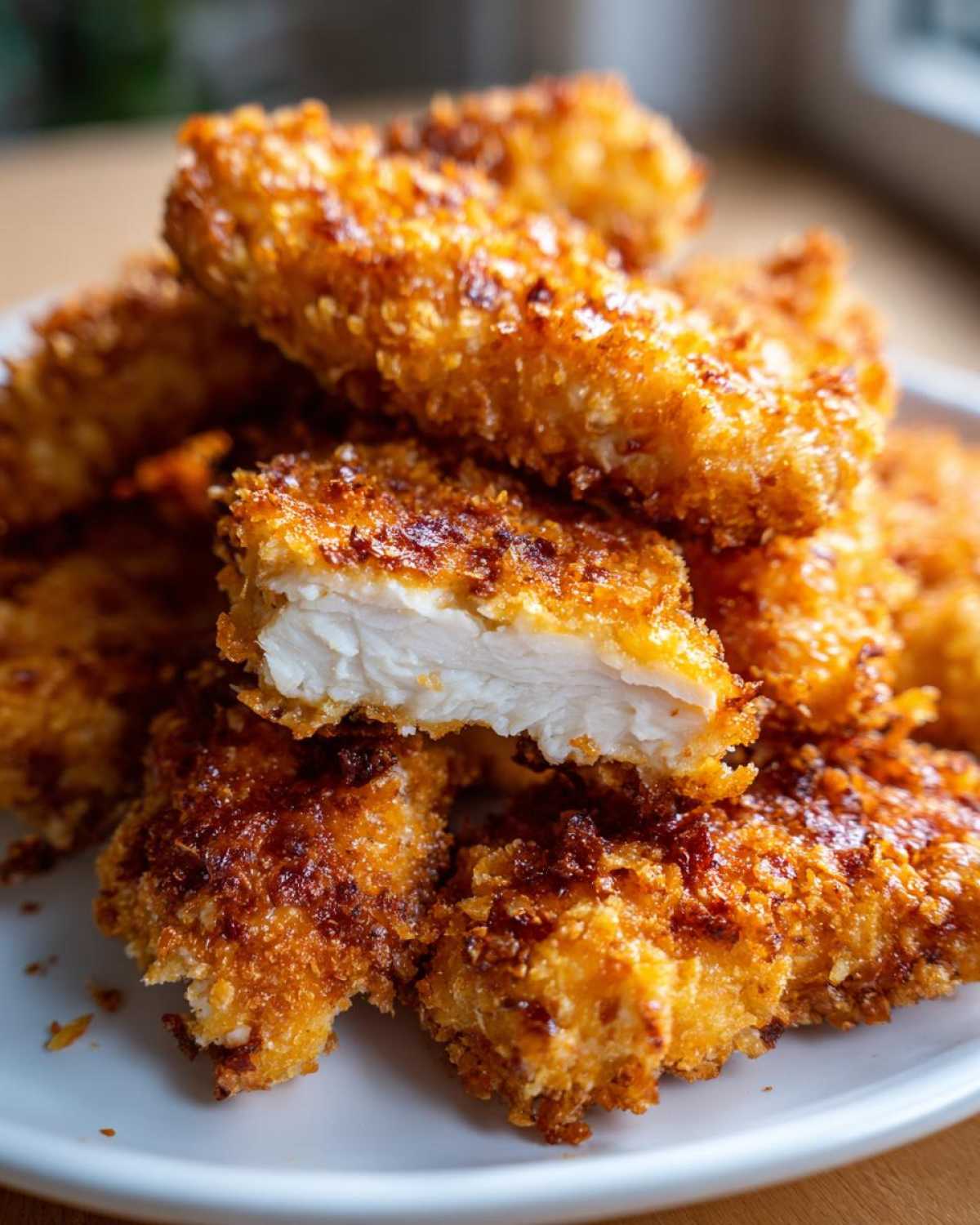 Close-up of Air Fryer Crispy Parmesan Chicken Tenders, showing the golden crust and juicy white interior.
