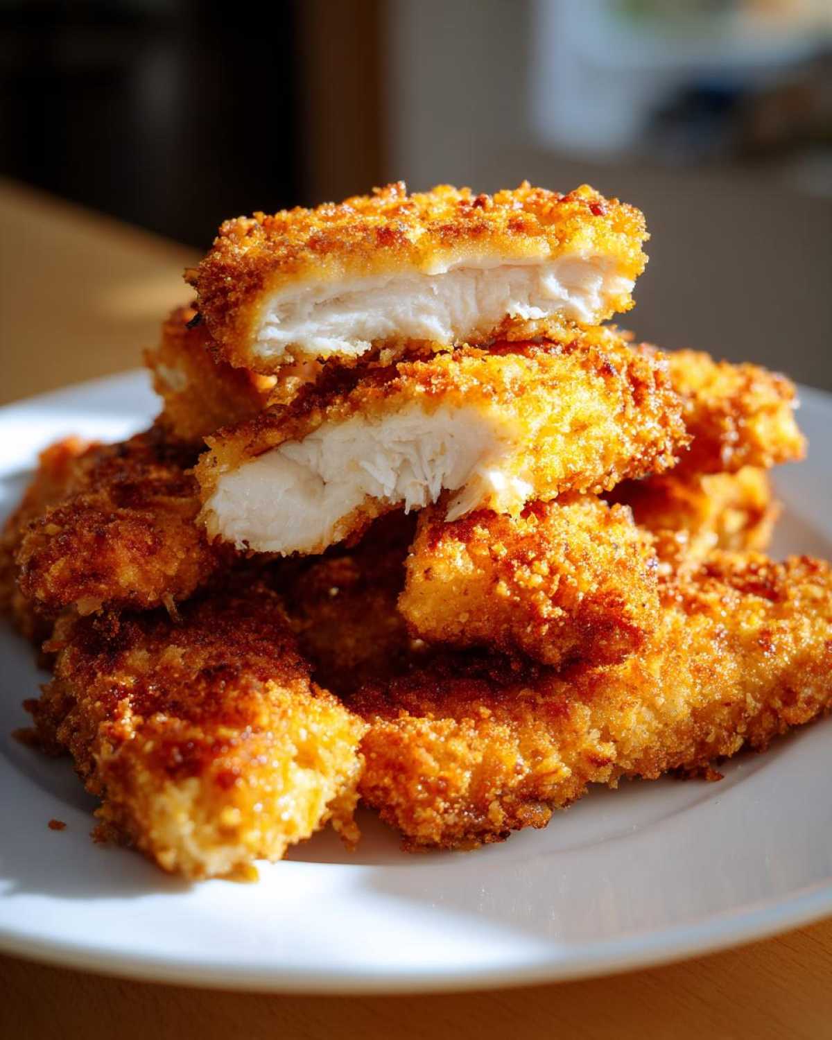 Close-up of golden brown Air Fryer Crispy Parmesan Chicken Tenders, one cut open showing juicy white meat.
