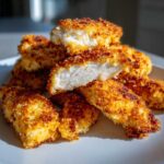 A stack of golden brown Air Fryer Crispy Parmesan Chicken Tenders, with one tender cut open showing juicy white meat.