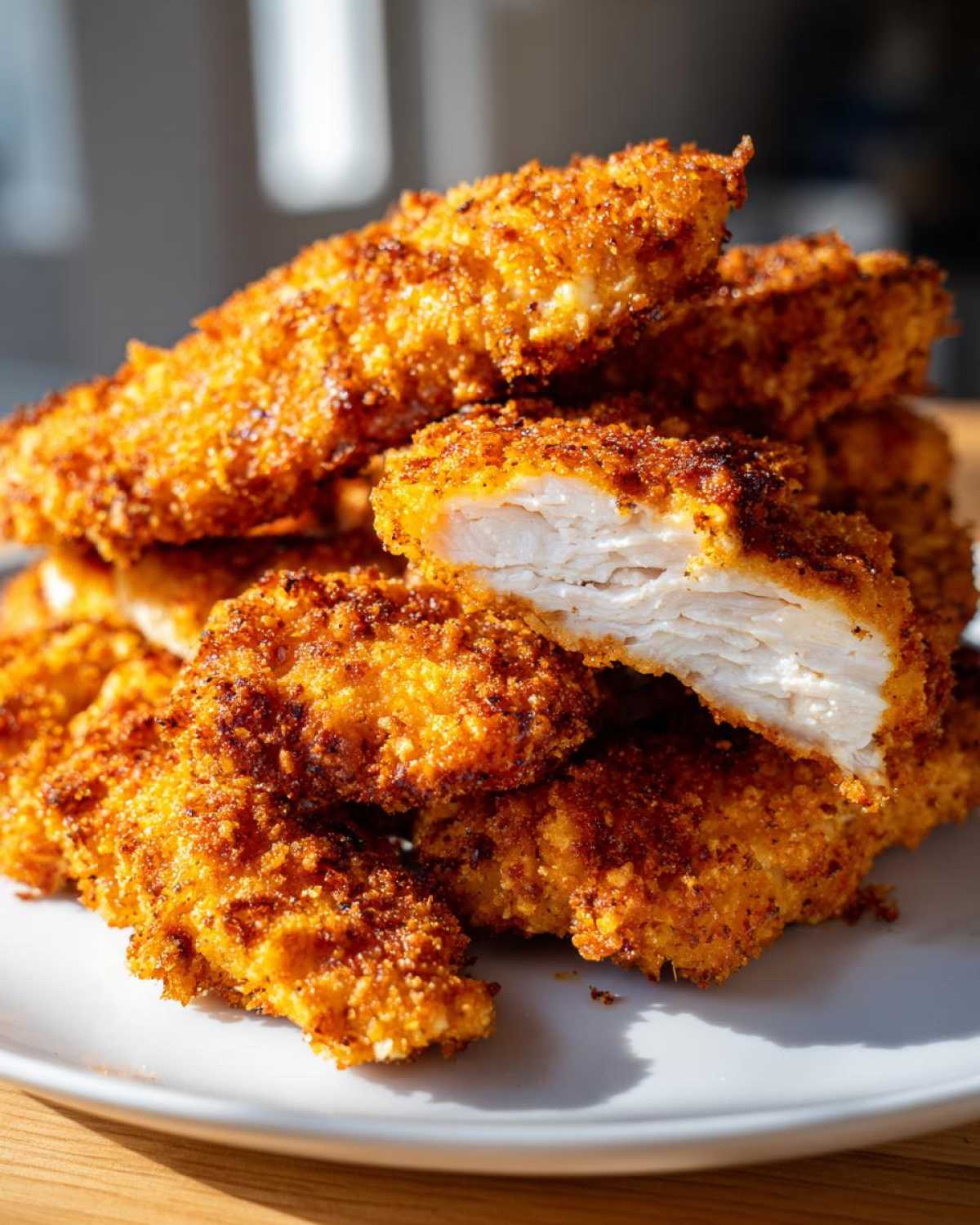 A stack of golden brown Air Fryer Crispy Parmesan Chicken Tenders, one cut open showing juicy white meat.