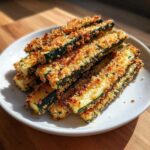 A stack of golden brown Air Fryer Crispy Parmesan Crusted Zucchini Spears piled on a white plate.