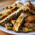 A close-up of a pile of golden brown Air Fryer Crispy Parmesan Crusted Zucchini Spears on a white plate.