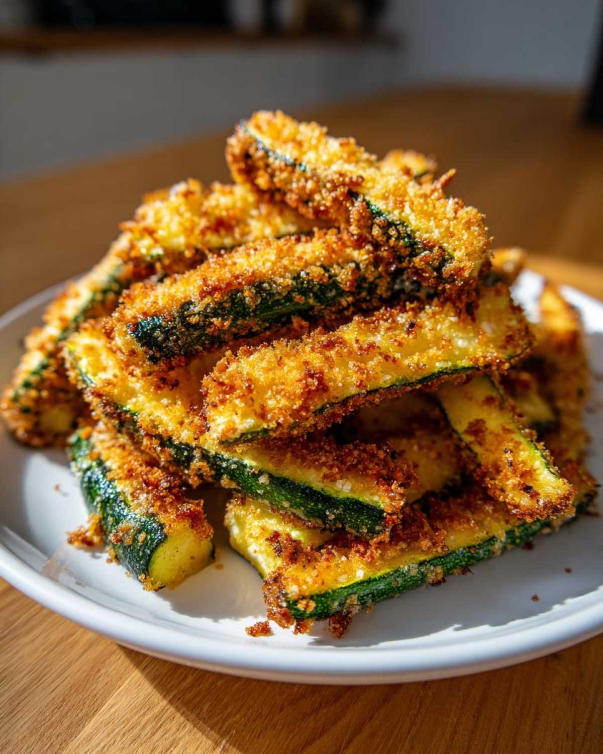A tall stack of golden brown Air Fryer Crispy Parmesan Crusted Zucchini Spears on a white plate.
