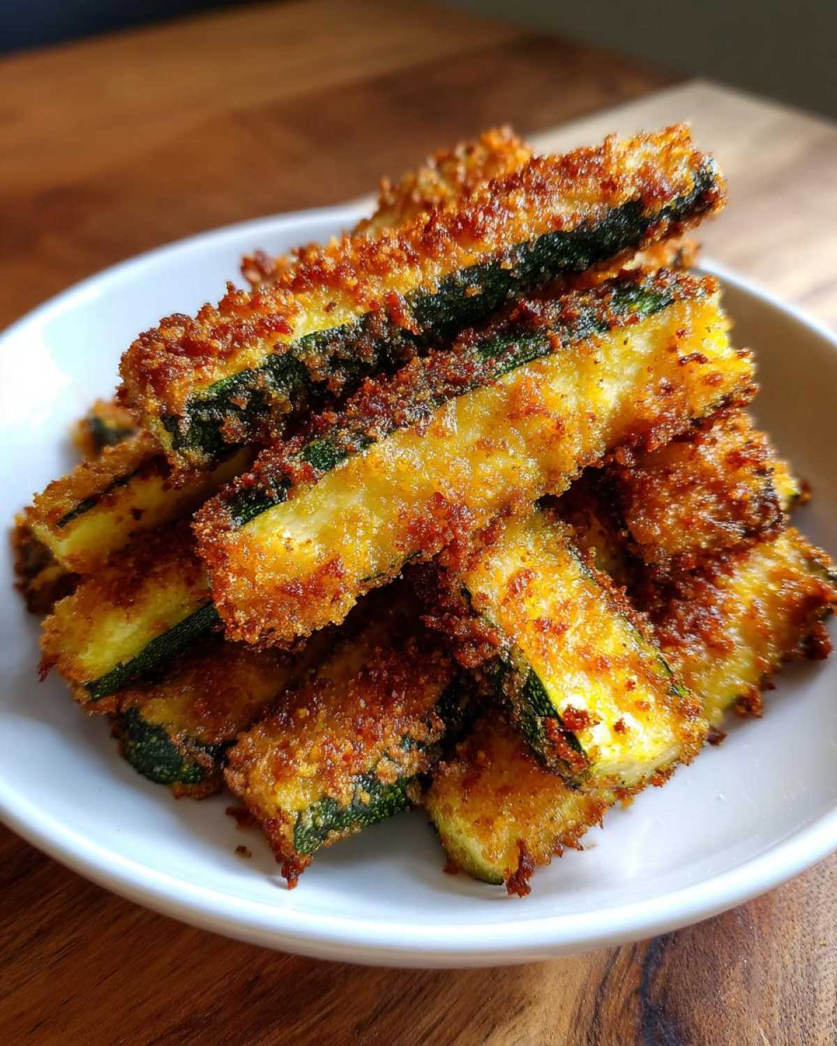 A stack of golden brown Air Fryer Crispy Parmesan Crusted Zucchini Spears piled high on a white plate.