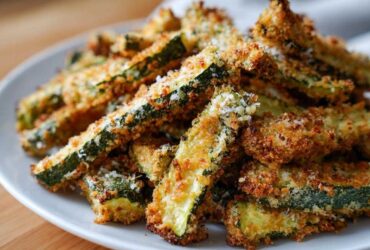 A close-up of a pile of golden brown Air Fryer Crispy Parmesan Crusted Zucchini Spears on a white plate.