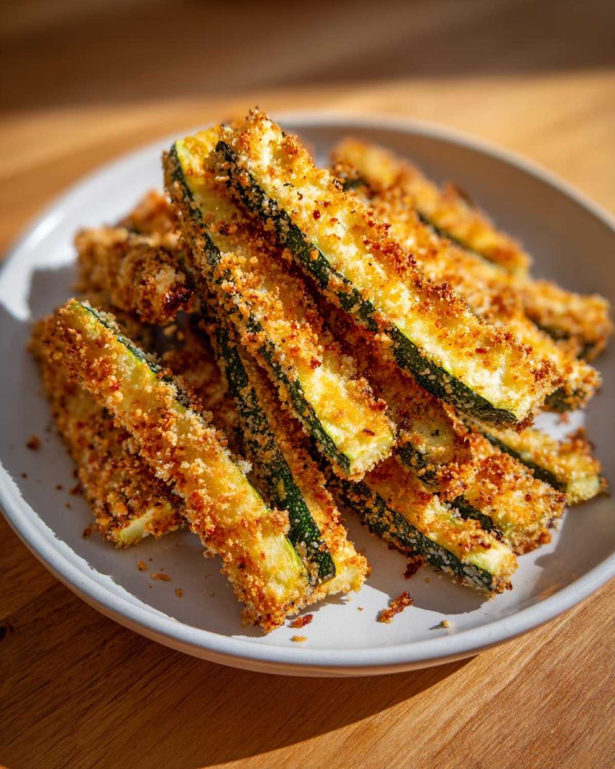 A pile of golden brown Air Fryer Crispy Parmesan Crusted Zucchini Spears stacked on a light gray plate.