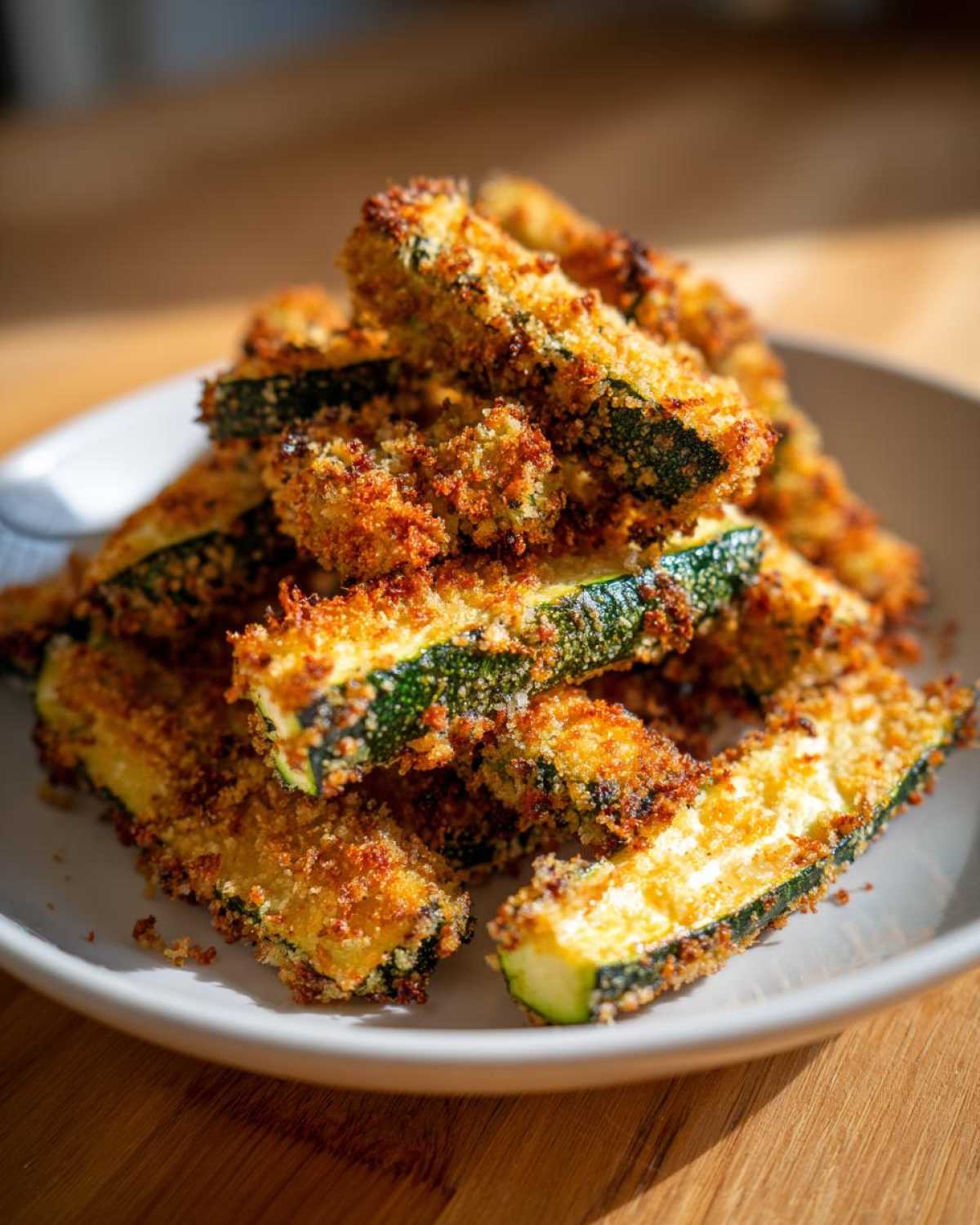 A pile of golden brown Air Fryer Crispy Parmesan Crusted Zucchini Spears served on a white plate.