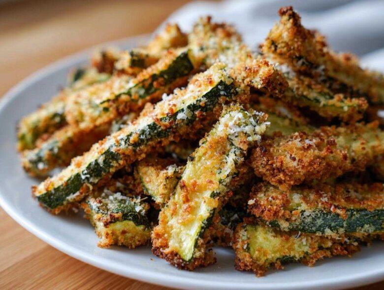 A close-up of a pile of golden brown Air Fryer Crispy Parmesan Crusted Zucchini Spears on a white plate.