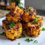 A stack of golden brown Air Fryer Crispy Parmesan Garlic Corn Ribs garnished with fresh parsley on a white plate.