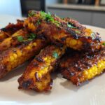 A pile of crispy Air Fryer Crispy Parmesan Garlic Corn Ribs, seasoned dark brown and garnished with fresh cilantro.