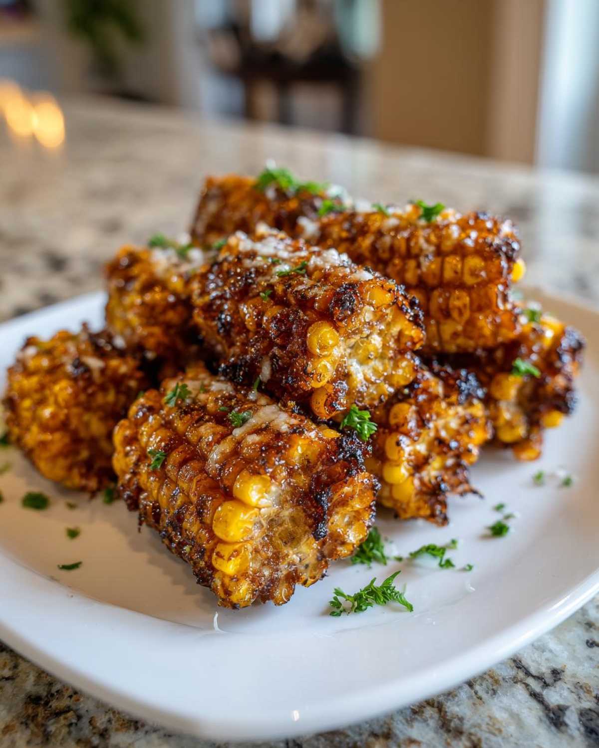 Close-up of several Air Fryer Crispy Parmesan Garlic Corn Ribs stacked on a white plate, garnished with Parmesan cheese and parsley.