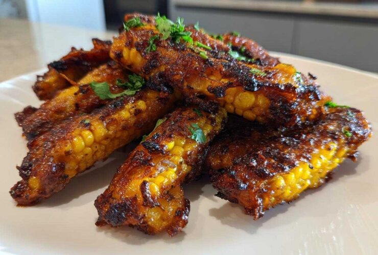 A pile of crispy Air Fryer Crispy Parmesan Garlic Corn Ribs, seasoned dark brown and garnished with fresh cilantro.