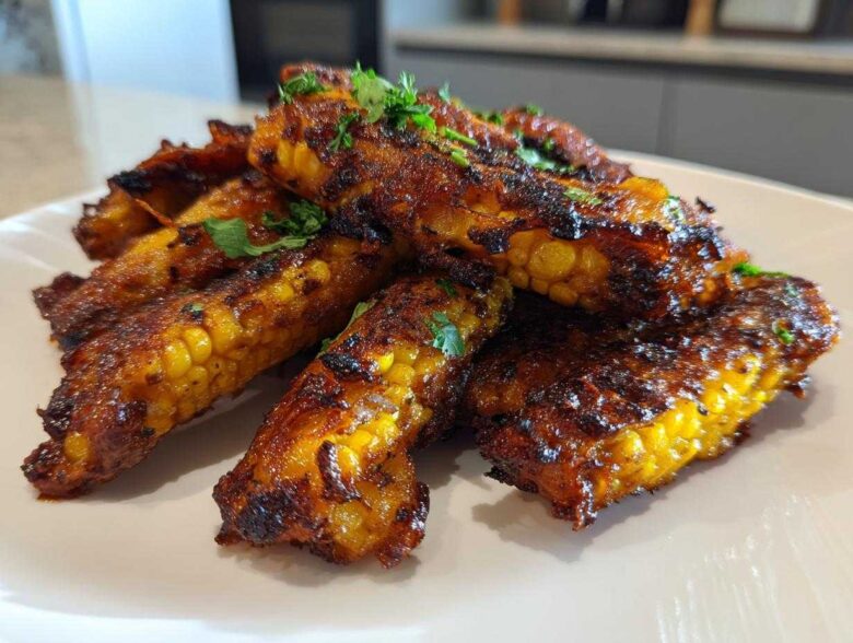 A pile of crispy Air Fryer Crispy Parmesan Garlic Corn Ribs, seasoned dark brown and garnished with fresh cilantro.