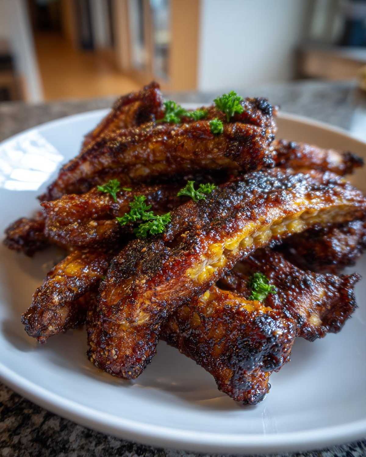 Close-up of a pile of Air Fryer Crispy Parmesan Garlic Corn Ribs garnished with fresh parsley on a white plate.