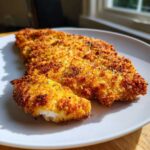 Golden brown, crispy Air Fryer Crispy Parmesan Pork Schnitzel served on a white plate, with one piece broken off showing the white meat inside.