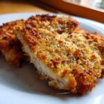 Close-up of two golden brown Air Fryer Crispy Parmesan Pork Schnitzel pieces on a white plate.