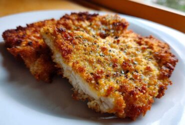 Close-up of two golden brown Air Fryer Crispy Parmesan Pork Schnitzel pieces on a white plate.
