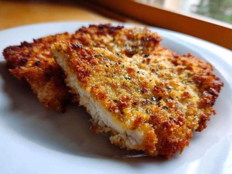 Close-up of two golden brown Air Fryer Crispy Parmesan Pork Schnitzel pieces on a white plate.