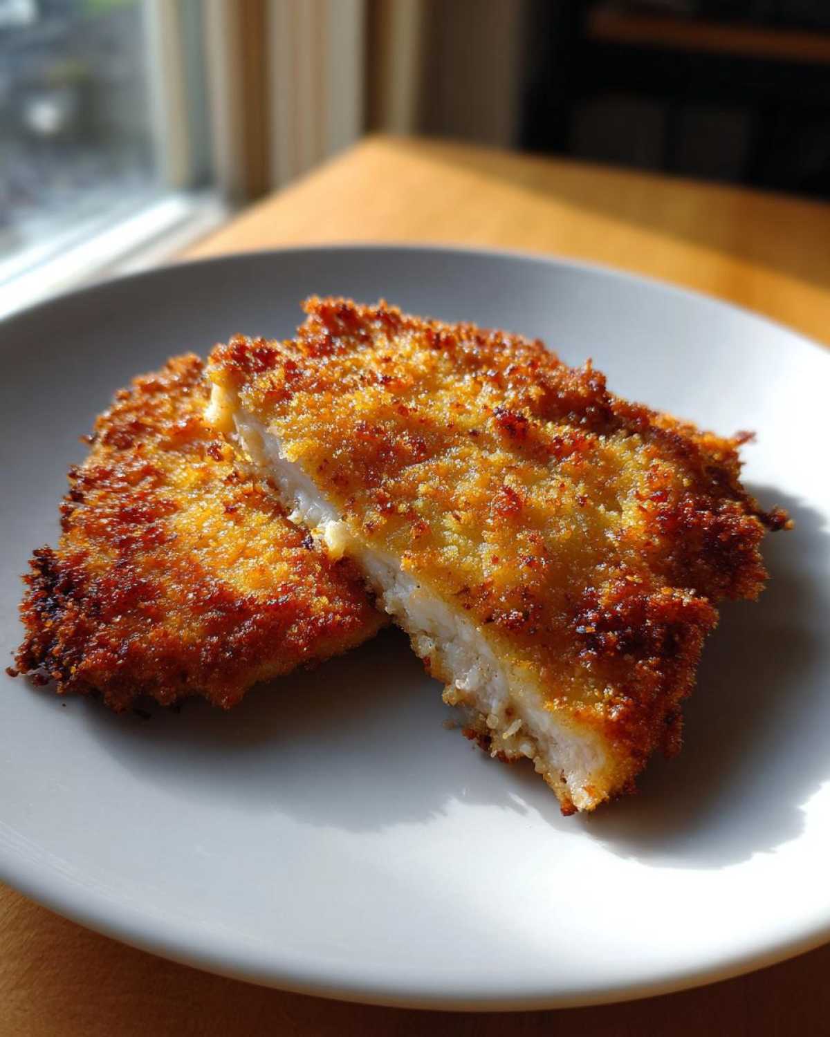 Close-up of Air Fryer Crispy Parmesan Pork Schnitzel, showing the golden, crunchy exterior and white interior.