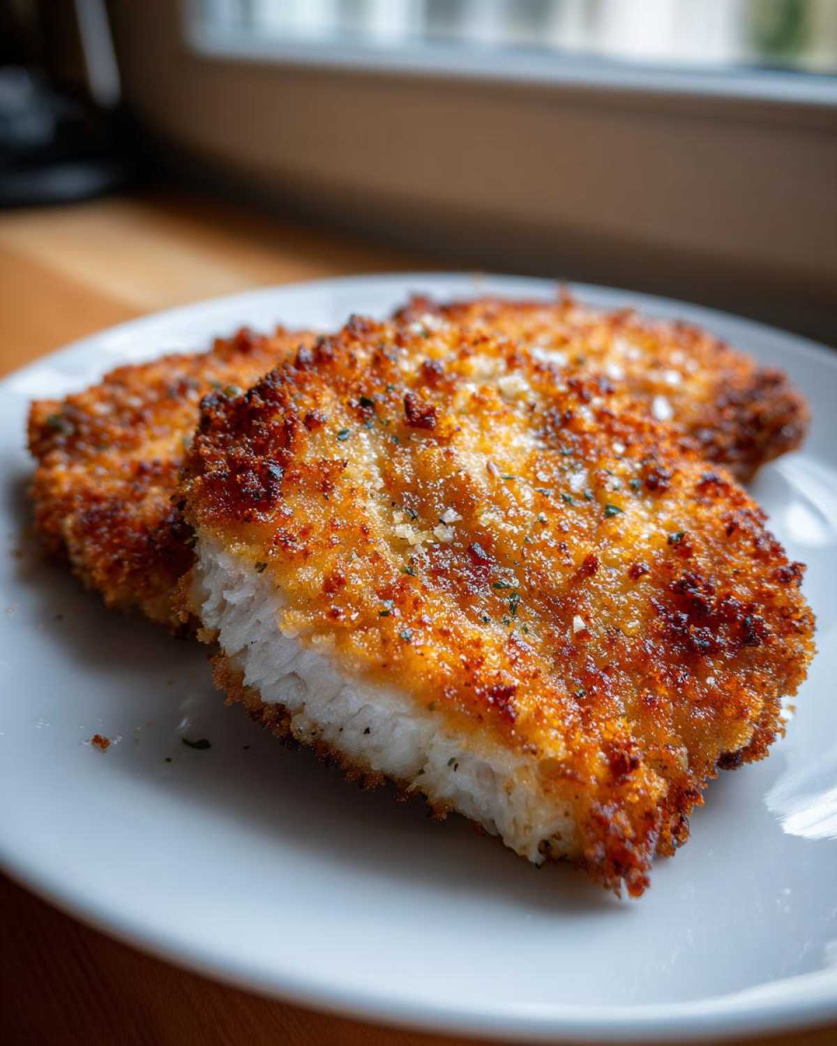 Close-up of two golden brown Air Fryer Crispy Parmesan Pork Schnitzel cutlets on a white plate.
