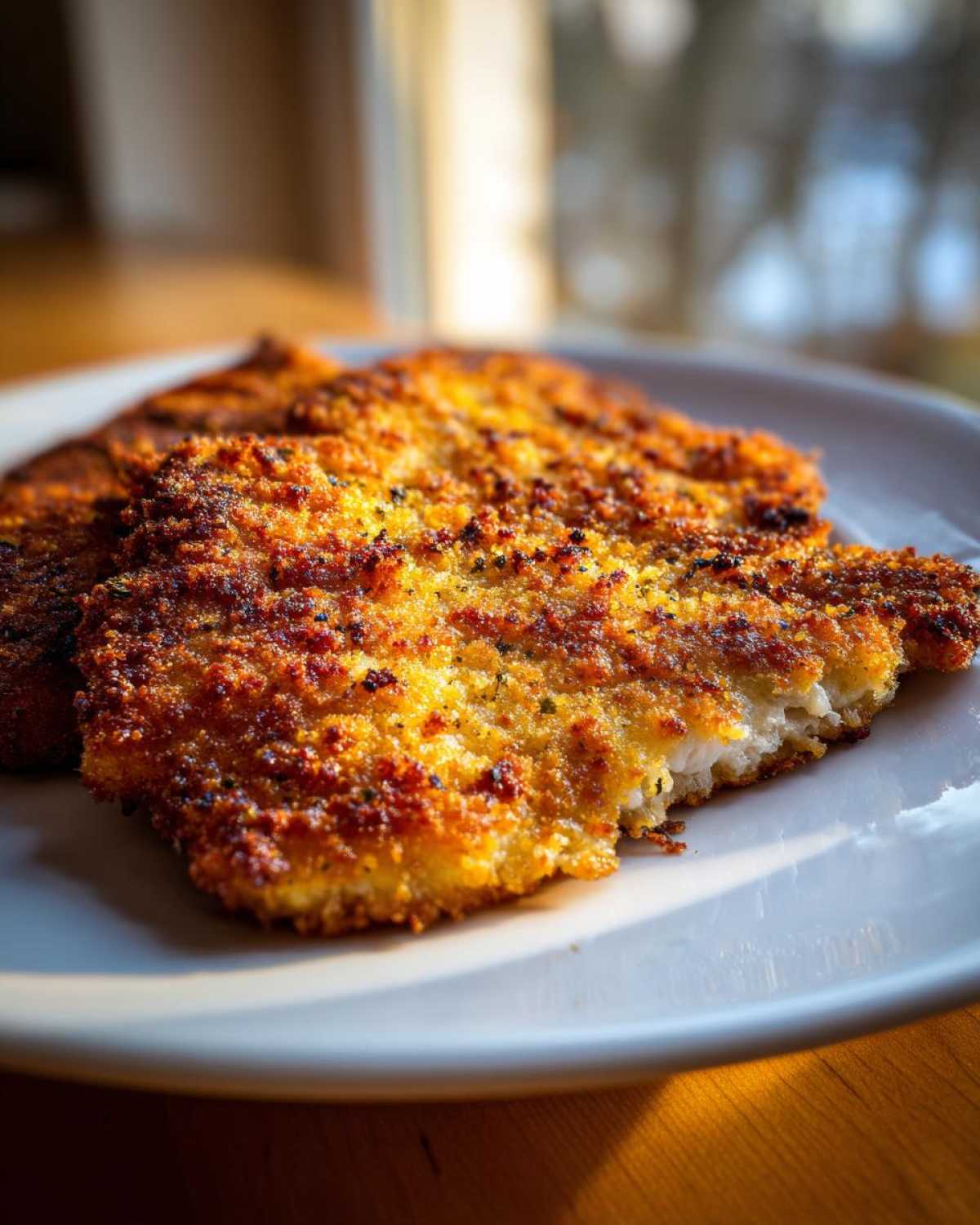 Close-up of golden brown Air Fryer Crispy Parmesan Pork Schnitzel on a white plate.