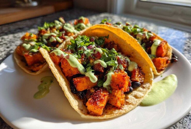 Close-up of several Air Fryer Crispy Sweet Potato Tacos topped with green sauce and cilantro on a white plate.