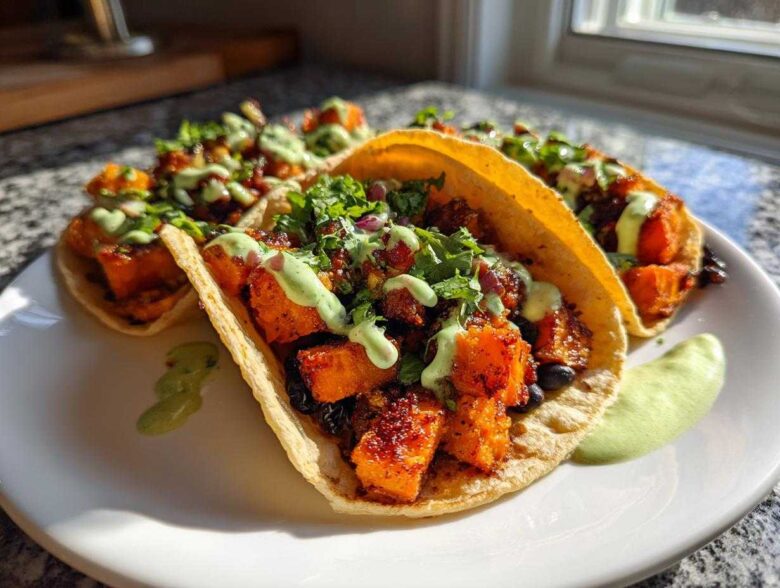 Close-up of several Air Fryer Crispy Sweet Potato Tacos topped with green sauce and cilantro on a white plate.