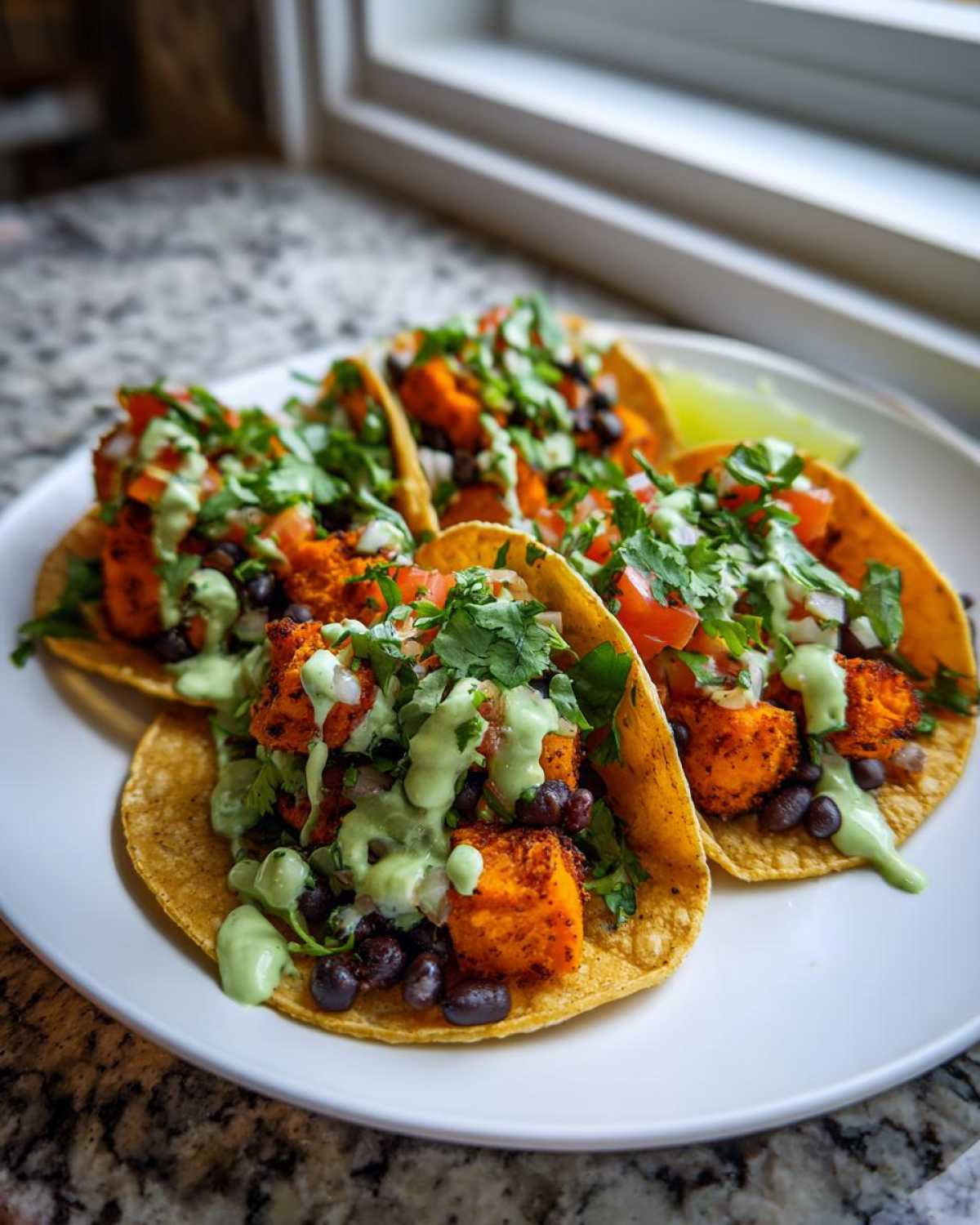 Four Air Fryer Crispy Sweet Potato Tacos loaded with black beans, pico de gallo, and green sauce on a white plate.
