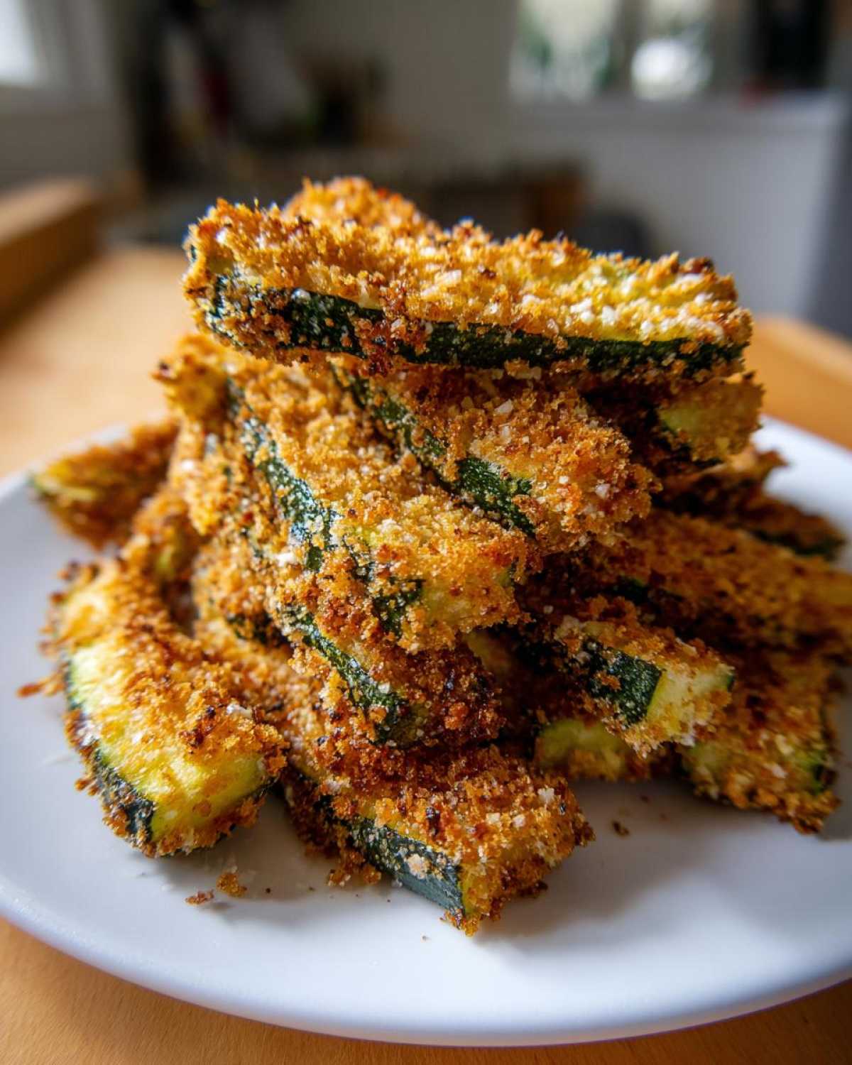 A stack of golden brown, crispy breaded zucchini fries, similar to Air Fryer Crispy Garlic Dill Pickles, served on a white plate.