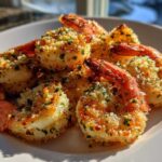 A close-up of several perfectly cooked Air Fryer Garlic Parmesan Shrimp piled on a white plate, coated in golden breading and herbs.