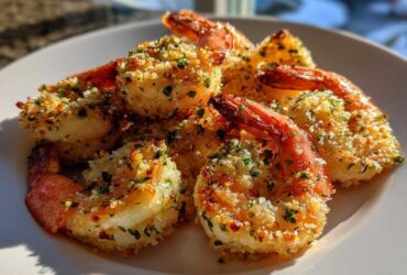A close-up of several perfectly cooked Air Fryer Garlic Parmesan Shrimp piled on a white plate, coated in golden breading and herbs.