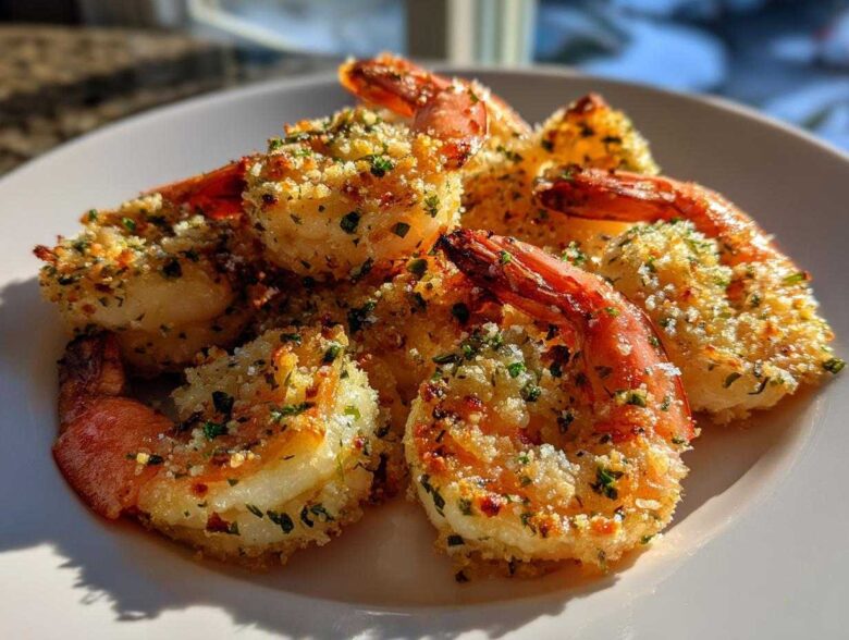 A close-up of several perfectly cooked Air Fryer Garlic Parmesan Shrimp piled on a white plate, coated in golden breading and herbs.