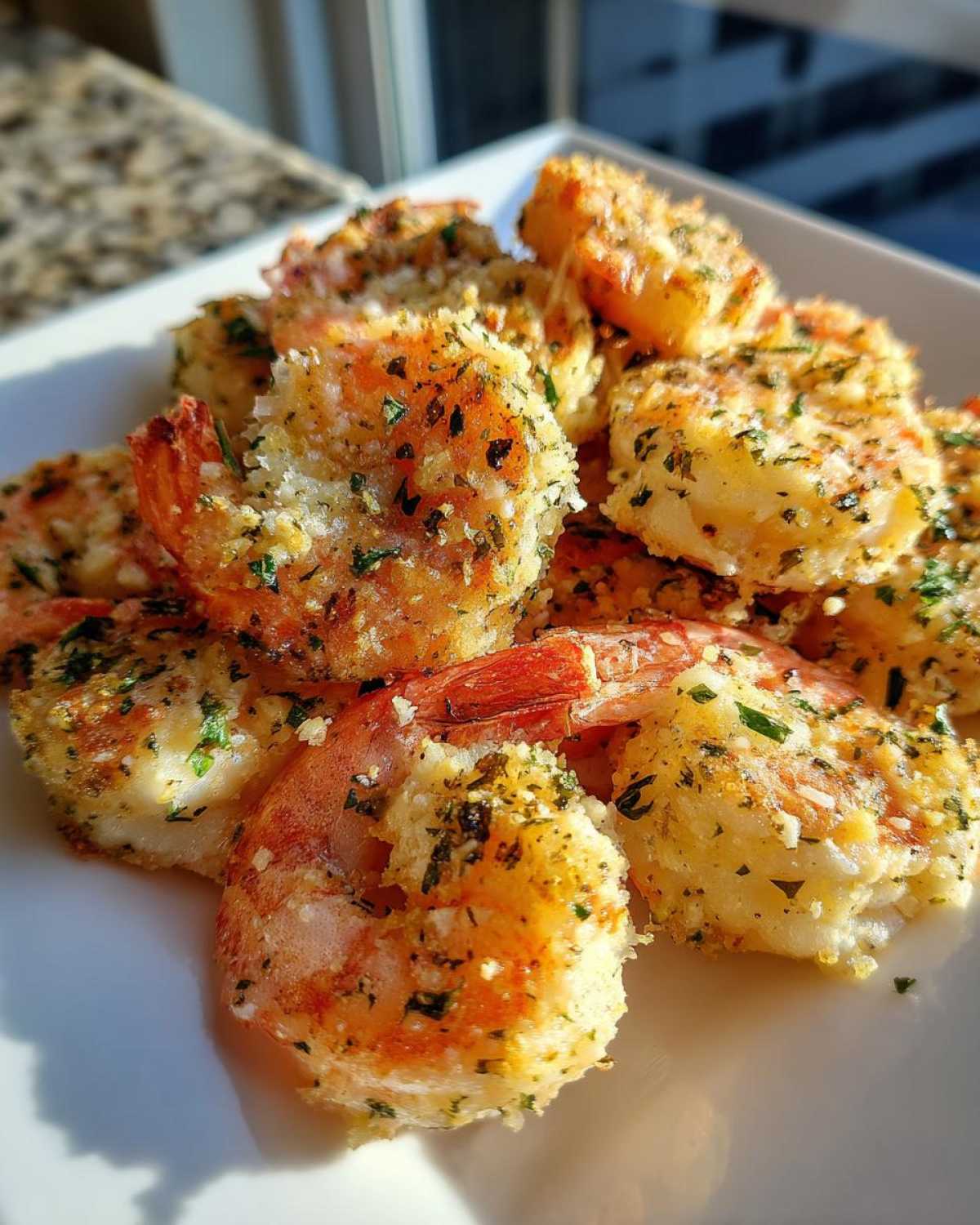 Close-up of cooked Air Fryer Garlic Parmesan Shrimp piled on a white plate, seasoned with herbs.