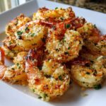 Close-up of crispy, golden Air Fryer Garlic Parmesan Shrimp piled high on a white plate, garnished with parsley.