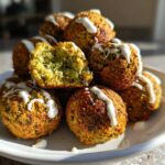 A stack of golden brown Air Fryer Herb Falafel Balls drizzled with white tahini sauce, one is broken open showing the green interior.