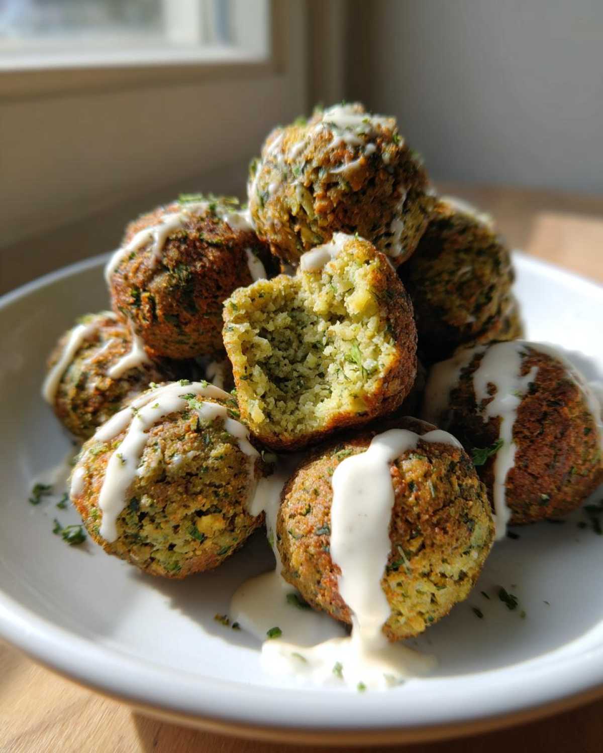 A pile of golden Air Fryer Herb Falafel Balls drizzled with white tahini sauce, one is broken open showing the green interior.