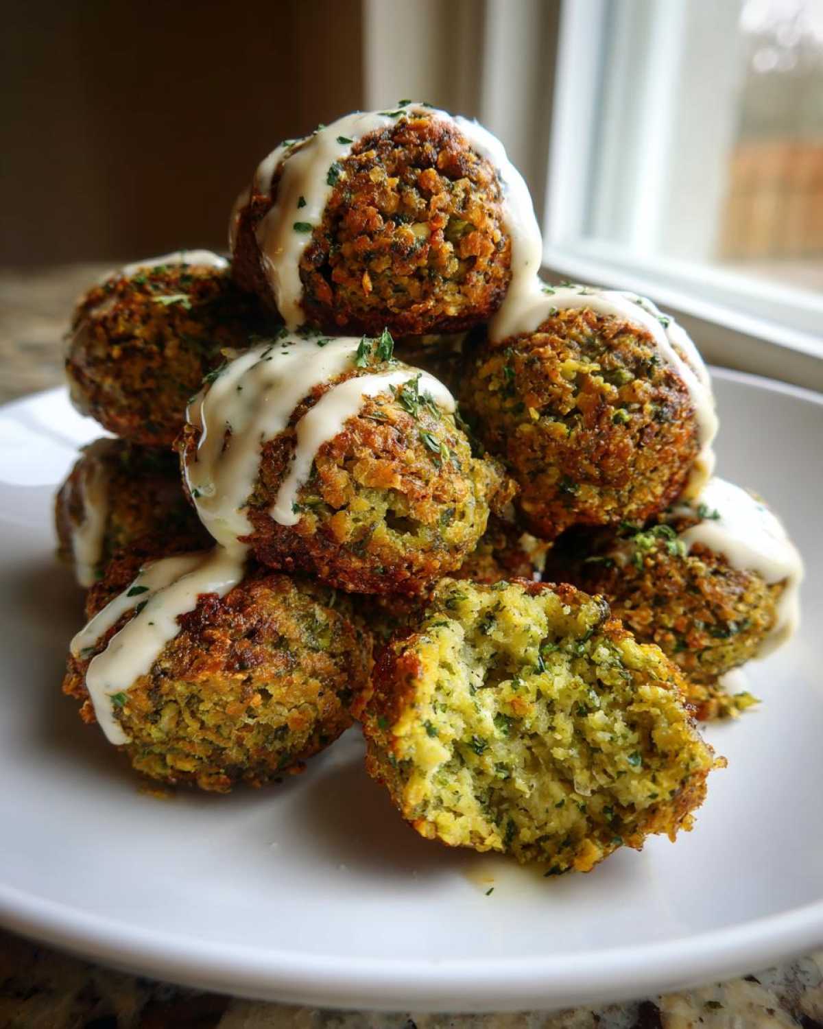 A stack of golden brown Air Fryer Herb Falafel Balls drizzled with white tahini sauce, one is broken open showing the green interior.