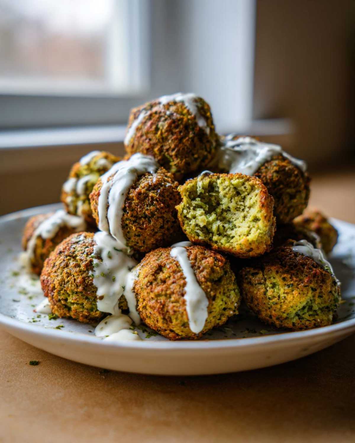 A stack of golden brown Air Fryer Herb Falafel Balls drizzled with white tahini sauce on a plate.