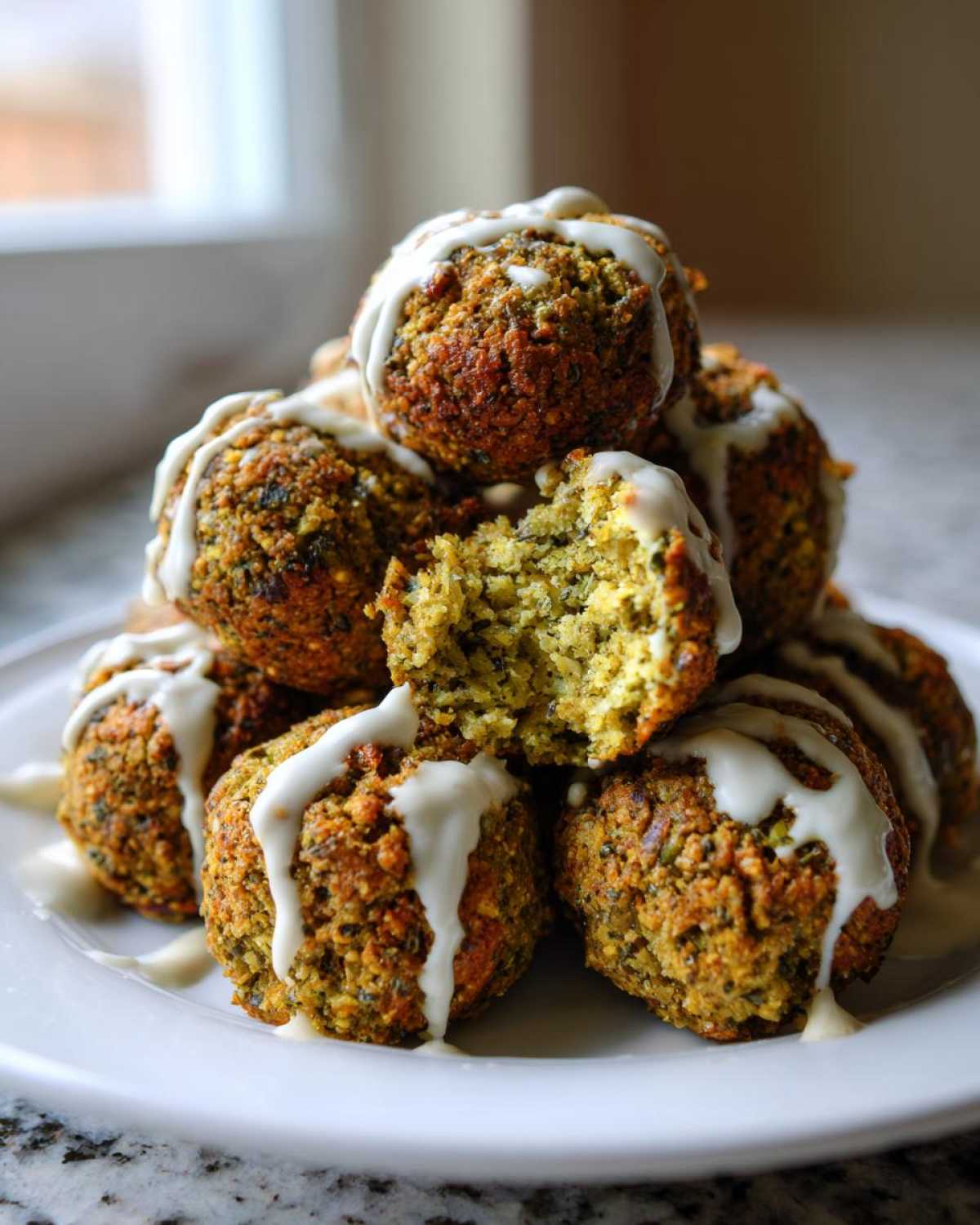 A stack of golden brown Air Fryer Herb Falafel Balls drizzled generously with white tahini sauce, one is broken open.