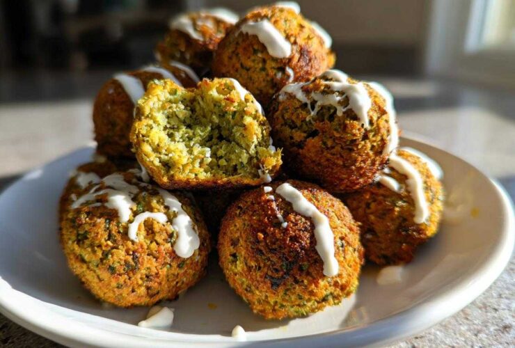A stack of golden brown Air Fryer Herb Falafel Balls drizzled with white tahini sauce, one is broken open showing the green interior.