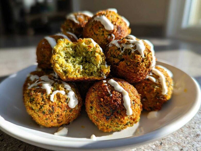 A stack of golden brown Air Fryer Herb Falafel Balls drizzled with white tahini sauce, one is broken open showing the green interior.